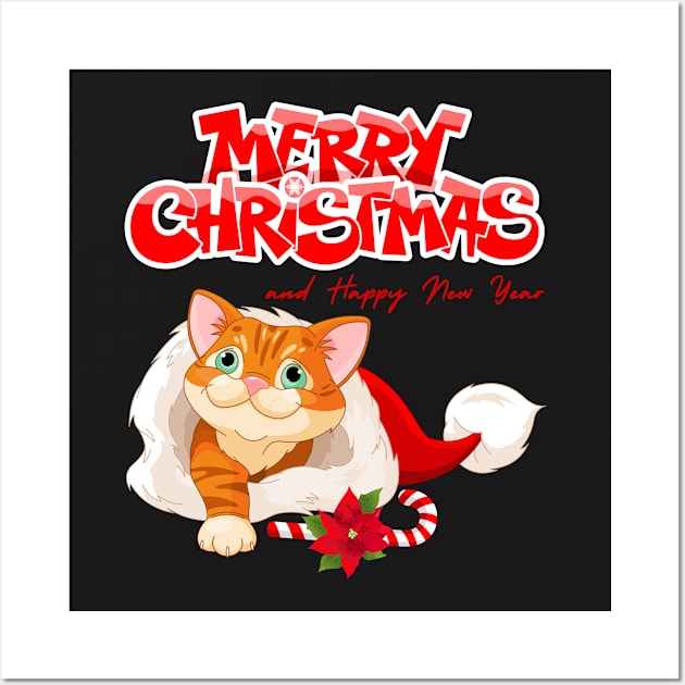 Red Cute Cartoon Cat with Candy Cane Christmas Wall Art by hstewartcrook